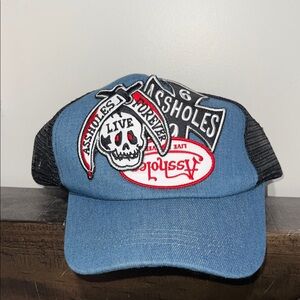 Blue Denim Trucker Hat with Skull Patch